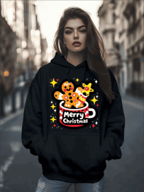 Women's Fashion Christmas Cute Cartoon Gingerbread Man Stars Coffee Mug Print Hoodies Long Sleeve Hood Sweatshirt Loose Fit Tops Fall Streetwear (Option: Black-M)