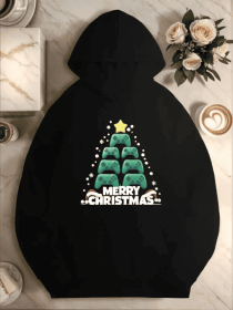 Plus Size Christmas Tree Video Game Graphics Hoodie, Casual Style, With Geometric Pattern, Fall Winter Hooded Sweatshirt With Pocket, For Women (Option: Black-M)