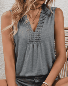 Stunning Lace V Neck Tank Top - Elegant Sleeveless Pleated Design, Flowy Silhouette, Breathable Fabric, Perfect For Spring & Summer, Women's Clot (Option: Grey-L)