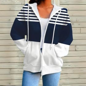 Plus Size Women's Long Sleeve Drawstring Hooded Sweatshirt With Color Block Stripes & Zip Front Pocket For Spring Fall (Option: Dark blue-1XL)