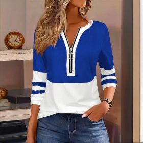 Women's Zip-Up Round Neck Long Sleeve Sweatshirt With Color Block Stripes - Casual Pullover Top For Spring&Fall (Option: Blue-M)