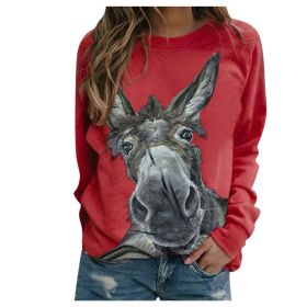Loose Round Neck Donkey Head Floral Print Long Sleeve Pullover (Option: Red-M)