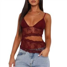 Lace Stitched Backless Small Sling Women V Neck Tank Top Underwear Vest Candy Color Bralette Clothes (Option: Wine Red-M)