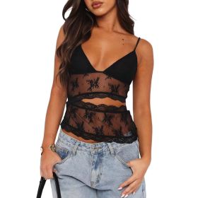 Lace Stitched Backless Small Sling Women V Neck Tank Top Underwear Vest Candy Color Bralette Clothes (Option: Black-XL)