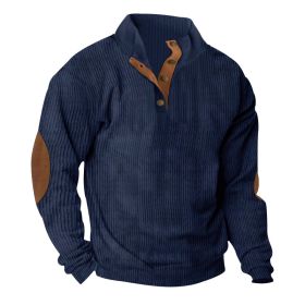 Corduroy Casual Stand Collar Long-sleeved Sweater (Option: Navy Blue-L)